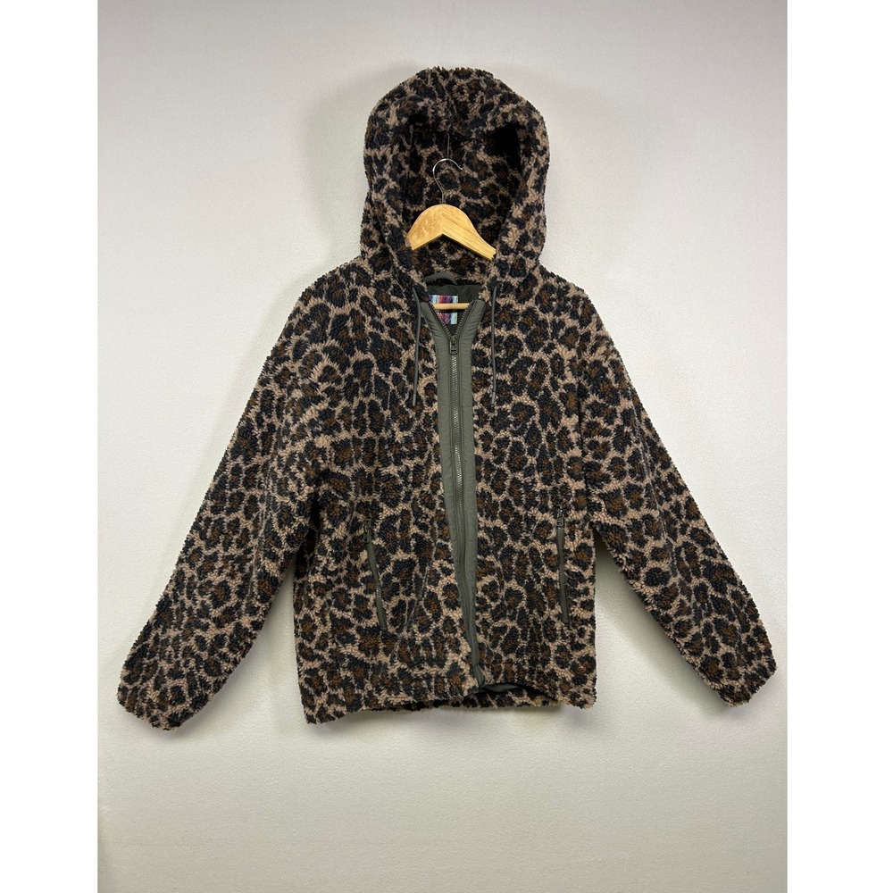 Gorpcore Urban Outfitters Mens XL Brown Leopard‎ Sherpa Fleece Zip Hoodie Jacket